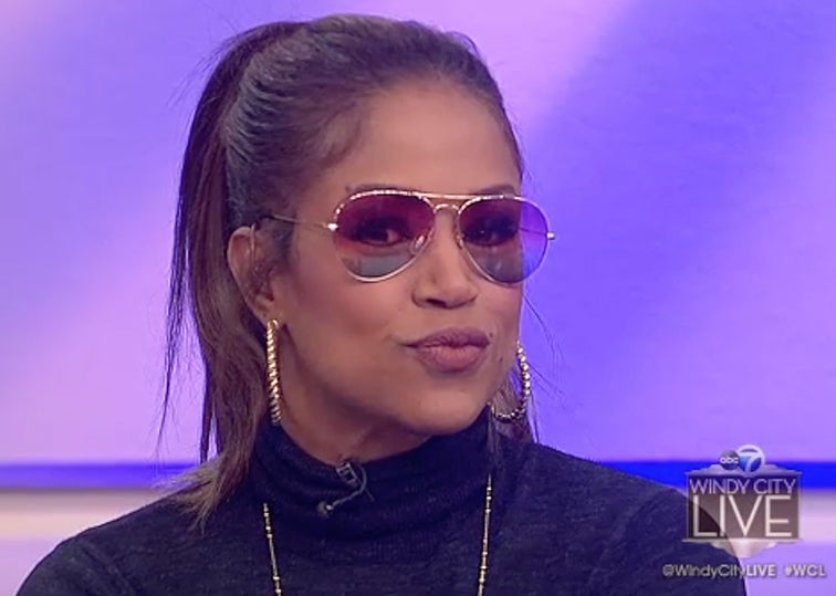 Val Warner, co-host of ABC Windy City Live, wearing NINA CHANTELE x ALEXANDER DAAS sunglass style 'chi-to-la